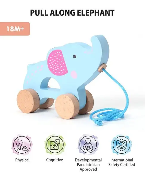 Intellibaby Wooden Pull Along Elephant Level 9 - Blue