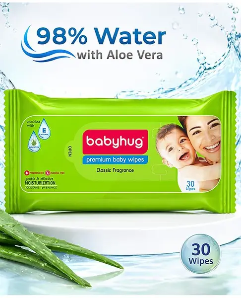 Babyhug Premium 98% Water Baby Wet Wipes Travel Pack - 30 Pieces