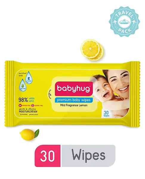 Babyhug Premium 98% Water Baby Wet Wipes with Lemon Scent Travel Pack - 30 Pieces