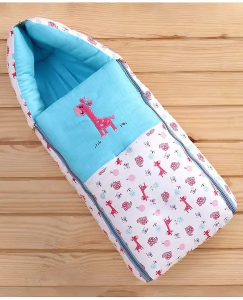 Babyhug Premium Muslin Sleeping Bag Giraffe Print -Sky Blue