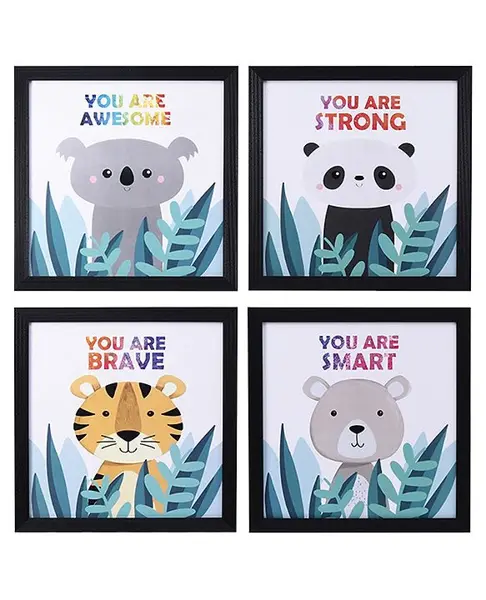 Jungle Safari Animal Poster with Frame  Set of 4 - Black