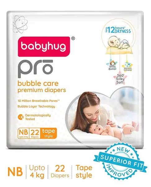 Babyhug Pro Bubble Care Premium Tape Style Diaper for New Born (NB) Size - 22 Pieces - New & Improved Superior Fit