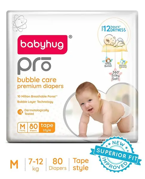 Babyhug Pro Bubble Care Premium Tape Style Diaper Medium - 80 Pieces - New & Improved Superior Fit