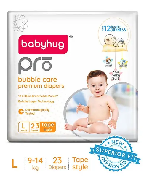 Babyhug Pro Bubble Care Premium Tape Style Diaper Large - 23 Pieces - New & Improved Superior Fit