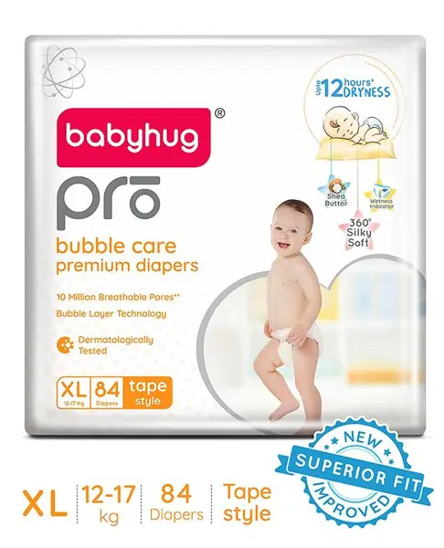 Babyhug Pro Bubble Care Premium Tape Style Diaper Extra Large - 84 Pieces - New & Improved Superior Fit