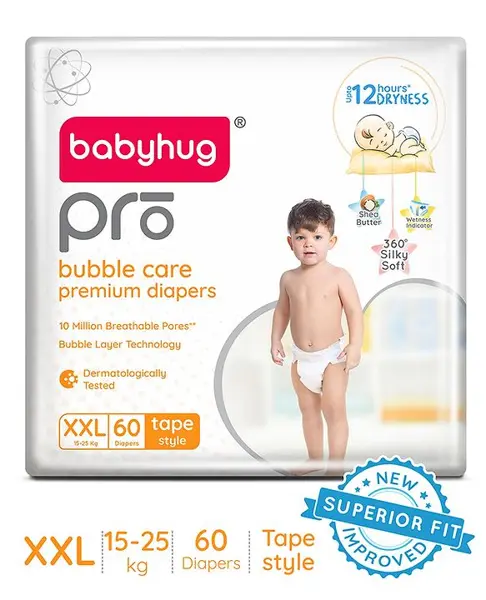 Babyhug Pro Bubble Care Premium Tape Style Diaper XXL - 60 Pieces - New & Improved Superior Fit