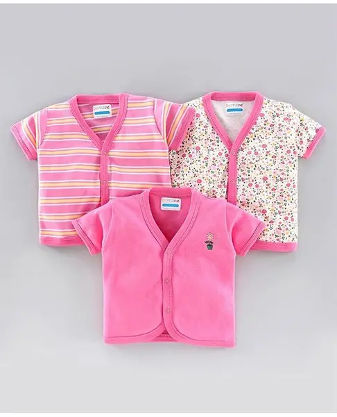 BUMZEE Pack Of 3 Short Sleeves Floral Printed & Striped Vests - Pink