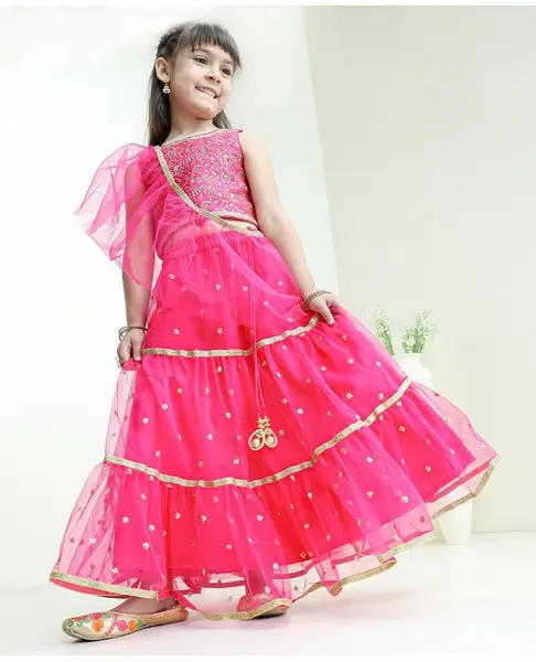 Babyhug Sleeveless Embellished Choli Lehenga and Dupatta Set with Beads Floral Embroidery - Pink