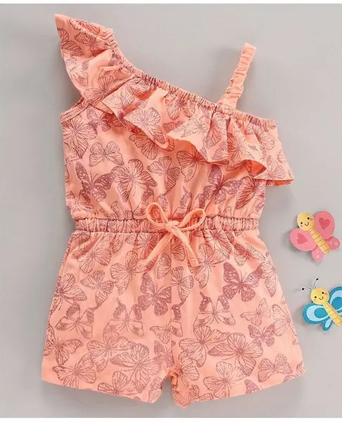 Babyhug 100% Cotton Sleeves Butterfly Prrinted Jumpsuit - Peach