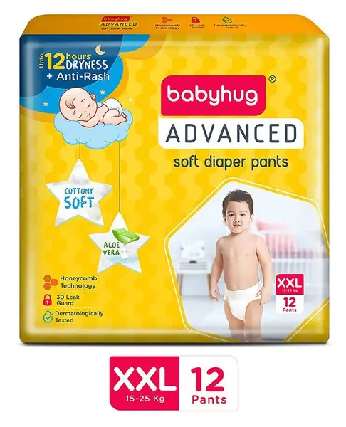 Babyhug Advanced Pant Style Diapers XXL - 12 Pieces  Honeycomb Technology  Cottony Soft Diaper with 3D Leak Guard  Latex & Alcohol Free  Anti-rash & Gentle