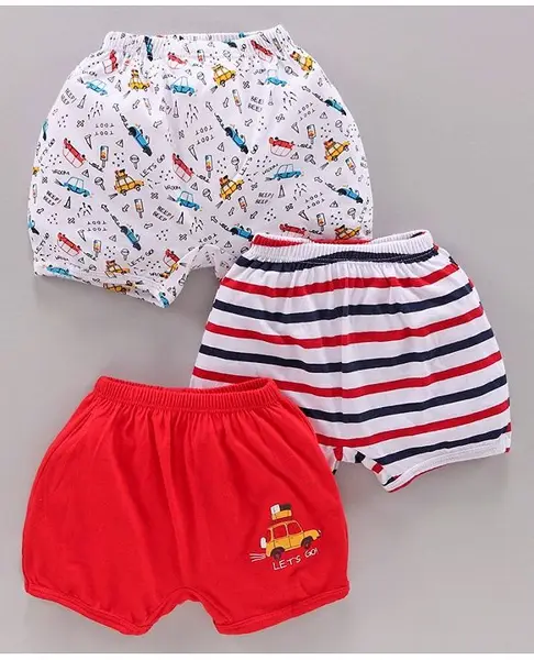 Bodycare Cotton Knit Vehicle Printed & Striped Boxers Pack Of 3 - White Red & Blue