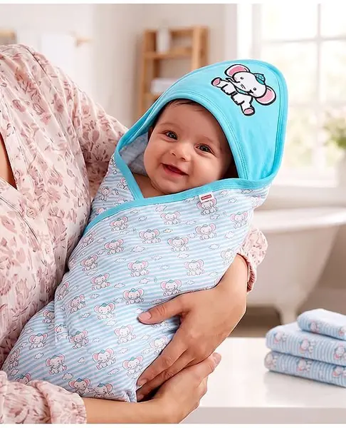 Babyhug Interlock Cotton Wrapper Elephant Embroidery - Blue