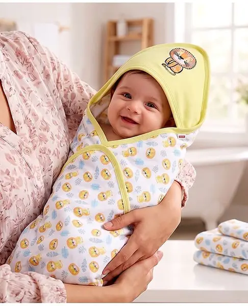Babyhug Interlock Cotton Wrapper Lion Embroidery - Yellow