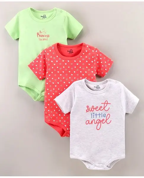 Doodle Poodle Half Sleeves Cotton Onesie Text and Hearts Print Pack of 3 - Red Green Light Grey