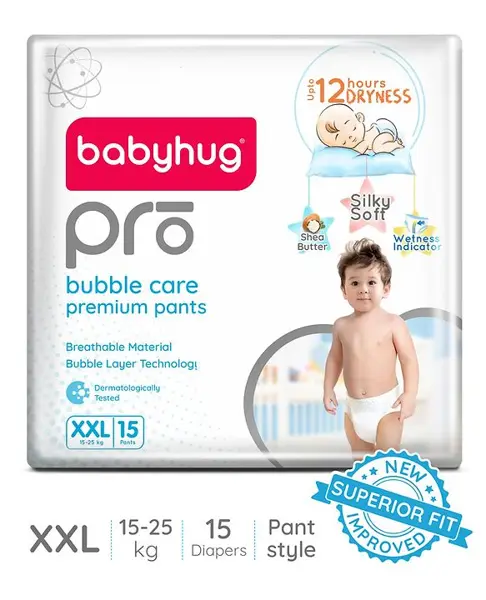 Babyhug Pro Bubble Care Premium Pant Style Diapers Double Extra Large (XXL) Size - 15 Pieces - New & Improved Superior Fit