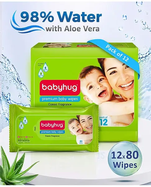 Babyhug Premium 98% Water Baby Wet Wipes Pack Of 12 - 80 Piece Each