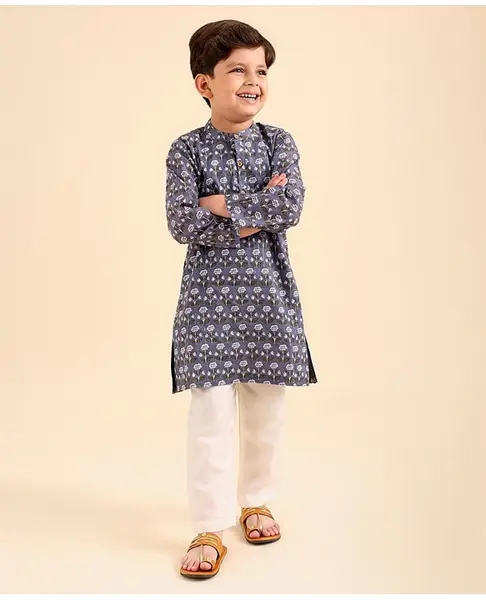 Babyhug Cotton Woven Full Sleeves Kurta & Pajama Set Floral Print - Grey