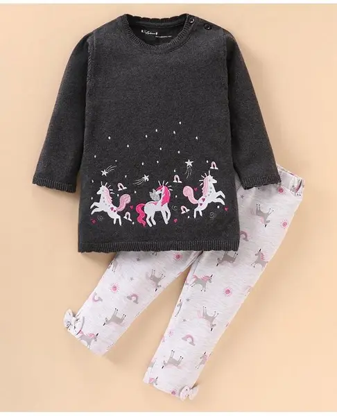 ToffyHouse Full Sleeves Top and Lounge Pant Set Unicorn Embroidery - Charcoal Grey