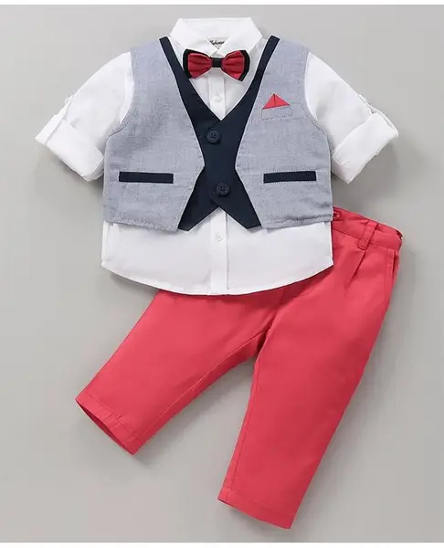 ToffyHouse Full Sleeves Shirt And Bottom Set With Waist Coat & Bow Solid Color - White Pink