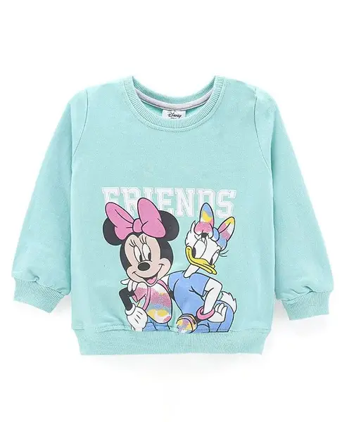 Babyhug Cotton Knit Full Sleeves Mini Mouse & Daisy Duck Sweatshirt with Glitter detailing- Sky Blue