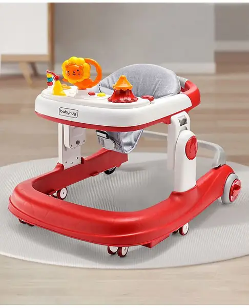 Babyhug Zest Musical Baby Walker With Adjustable Height anti Fall Protection & Toy Bar- Red & White