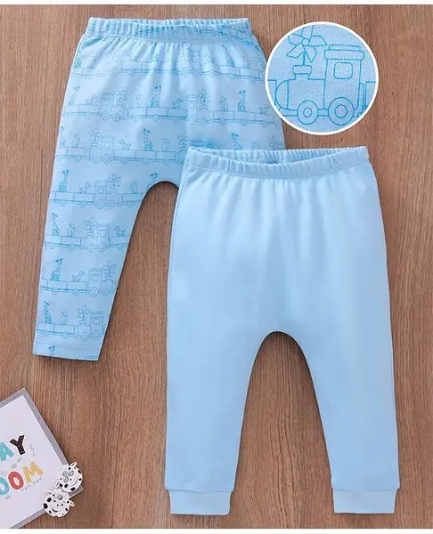 Babyoye Full Length 100% Cotton Diaper Leggings With Eco-Jiva Finish Toy Train & Animal Print Pack of 2 - Blue