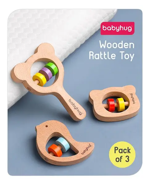 Babyhug Wooden Teething Rattle Toy Pack Of 3 - Multicolour