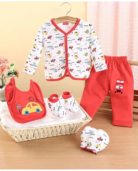 Babyhug 100% Cotton Clothing Gift Set Car Theme Red & White - Pack of 5