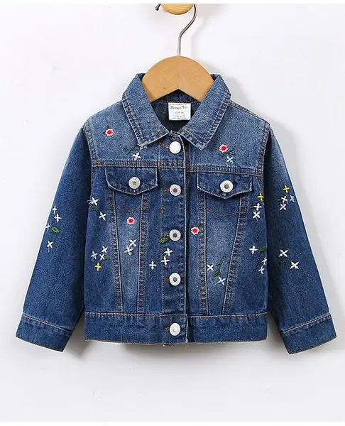 Kookie Kids Full Sleeves Denim Jacket Floral Embroidery - Blue