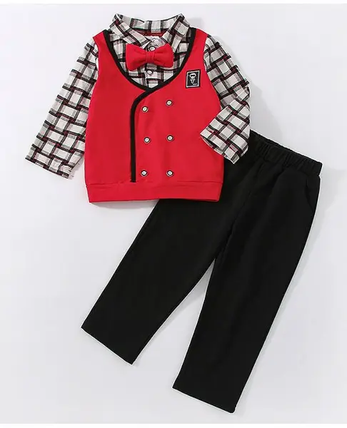 Kookie Kids Full Sleeves Checks Shirt With Attached Waistcoat & Trouser - Multicolor