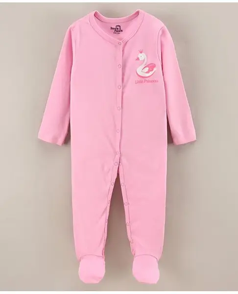 Doodle Poodle Full Sleeves Cotton Footed Sleep Suit Swan Print - Pink