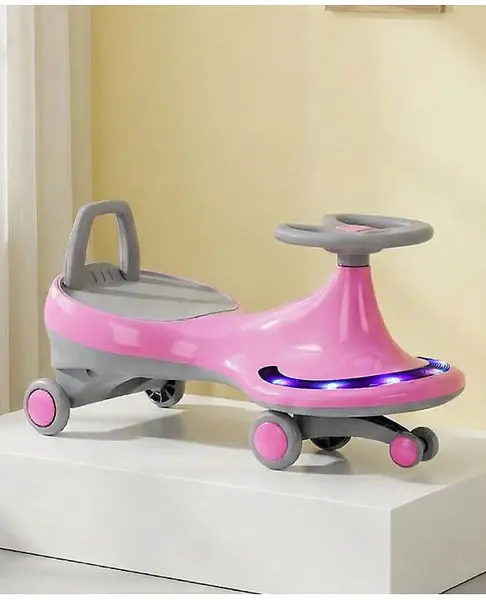 Kids Swing Car With LED Lights & Music - Pink Grey