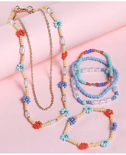 Babyhug  Flower Beads With Chain Neck Piece & Bracelets - Multicolour