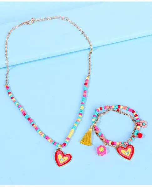 Pine Kids Free Size Necklace & Bracelet Set With Heart Detailing- Multicolor