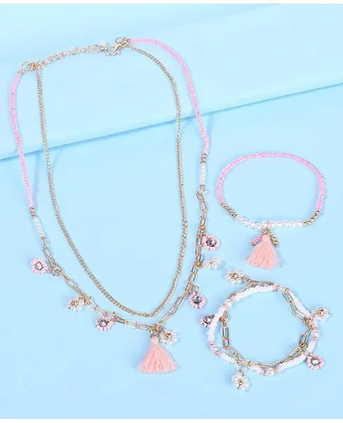 Pine Kids Free Size Necklace & Bracelet Set With Tassel Detailing- Multicolor