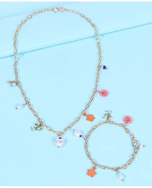Pine Kids Free Size Necklace & Bracelet Set With Floral Detailing- Multicolor