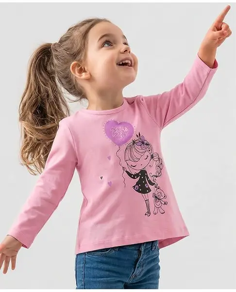 iDO Italy Cotton Full Sleeves Doll Print & Sequin T-Shirt - Pink