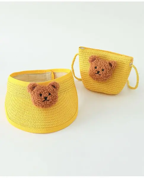 Babyhug Straw Hat With Bear Applique & Purse Yellow - Diameter 48 cm