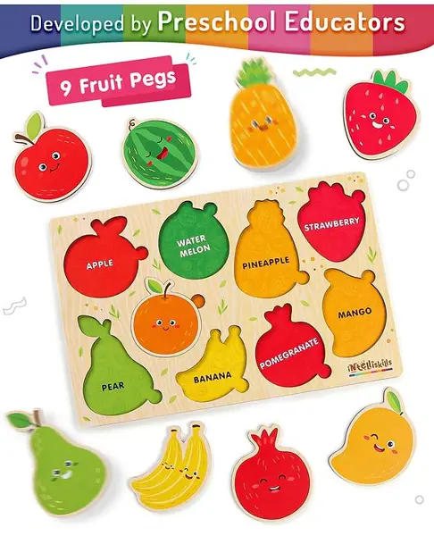 Intelliskills Premium Wooden Hide N Seek Fruits Puzzle Board - 9 Pieces
