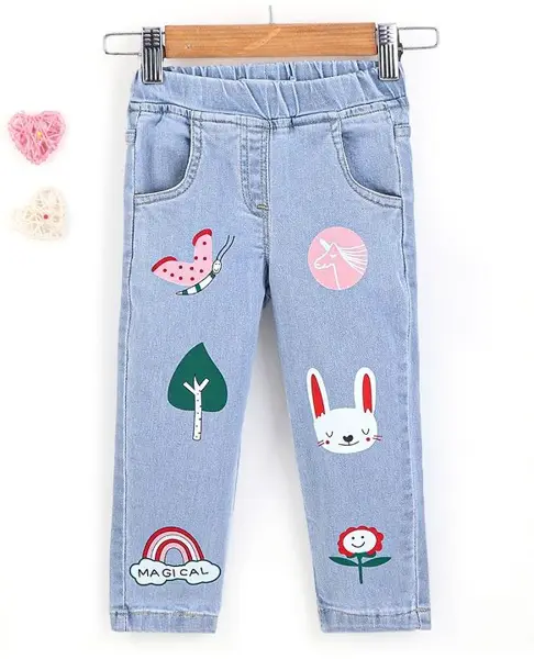 Kookie Kids Full Length Cotton Lycra denim Jeans with Butterfly & Multi Print - Blue