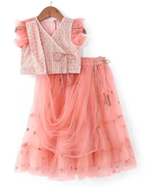 Babyhug Frill Sleeves Embroidered Overlap Choli With Net Lehenga and Dupatta - Coral