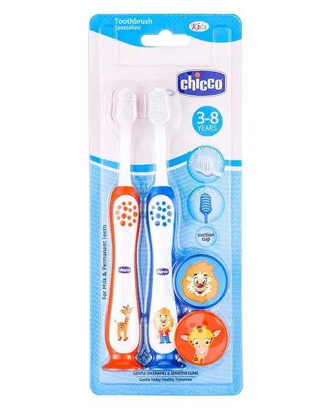 Chicco Ultra Soft Bristles Toothbrush Lion & Giraffe Print Pack of 2 - Orange & Blue