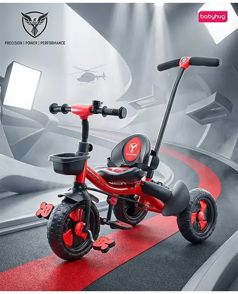 Babyhug Plug & Play Black Hawk Tricycle With Parental Push Handle & Storage Basket - Hot Red