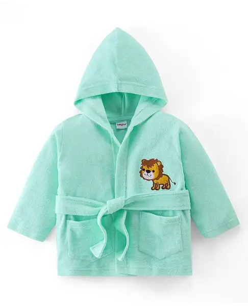 Babyhug Knit Terry Full Sleeves Hooded Bath Robe with Lion Patch - Blue