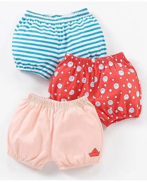 Babyhug 100% Cotton Knit Striped Bloomers Boat Print Pack of 3 - Red Blue & Pink