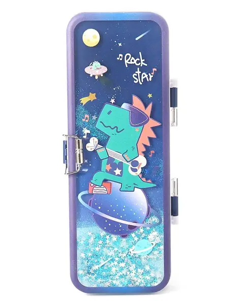 Double Layer Pencil Box Glitter Star & Dinosaur Print - Blue
