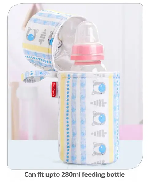 Babyhug Feeding Bottle Cover with Zip Bear Print Blue - Fits Upto 330 ml