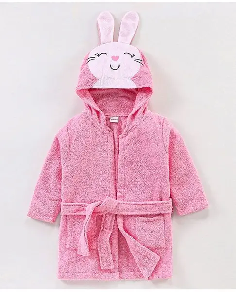 Babyhug Knit Terry Full Sleeves Hooded Bath Robe Bunny Embroidered - Pink