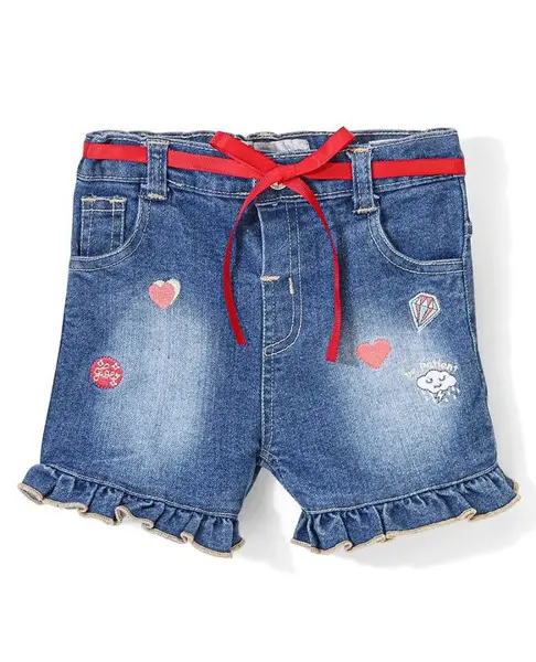 ToffyHouse Cotton Denim Mid Thigh Length Stretchable Shorts With Belt Heart Embroidery- Blue