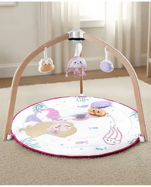 Bonfino 2 in 1 Wooden Baby PlayGym with Soft Cotton Mat & Hanging Toys for Newborns